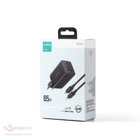 Joyroom szybka ładowarka GaN 65W USB-A, 2x USB-C czarna + kabel USB-C - USB-C 100W 1.2m (TCG01)