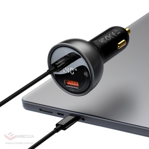 Ładowarka samochodowa Baseus Digital Display USB-A / USB-C PD 140W - czarna + kabel USB-C / USB-C 240W 1m