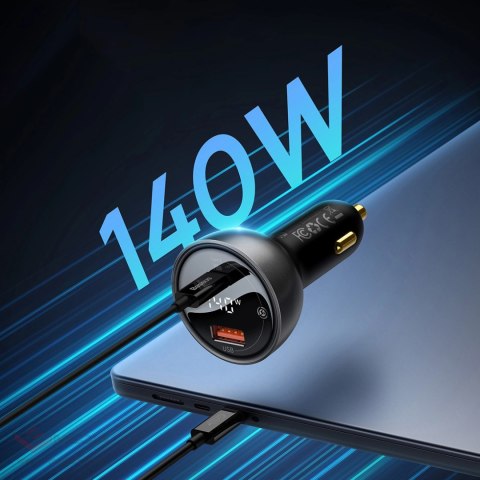 Ładowarka samochodowa Baseus Digital Display USB-A / USB-C PD 140W - czarna + kabel USB-C / USB-C 240W 1m