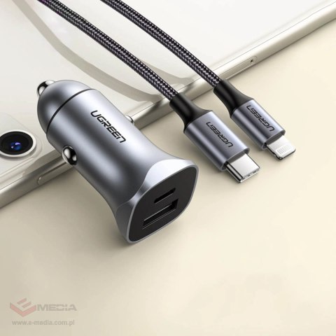 Ugreen szybka ładowarka samochodowa USB-A / USB-C 30W PD PPS szara (CD130)