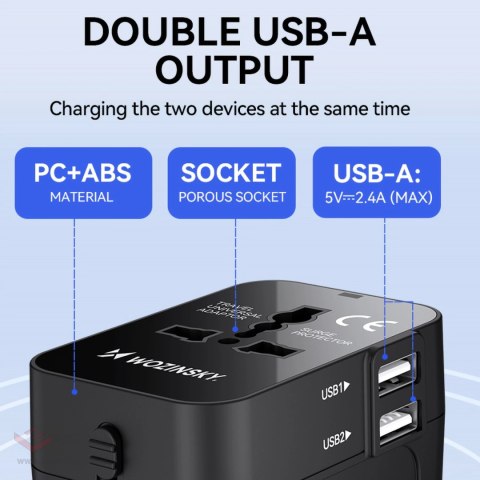 Adapter podróżny Wozinsky WUTWC uniwersalny 24W UE / US / AUS / UK / 2x USB-A - czarny