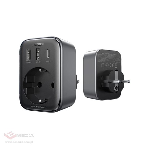 Ładowarka sieciowa 30W (2xUSB/USB C/AC) / adapter EU - EU 13A Ugreen CD314 - czarna