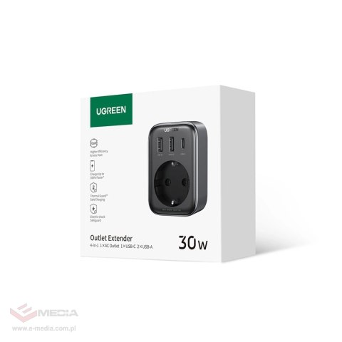 Ładowarka sieciowa 30W (2xUSB/USB C/AC) / adapter EU - EU 13A Ugreen CD314 - czarna