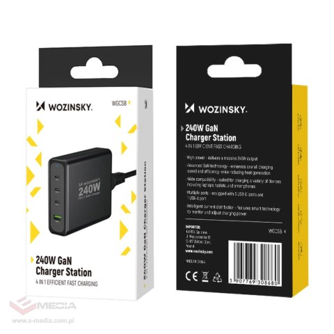 Ładowarka sieciowa GaN Wozinsky WGCSB 240W USB-A / 3 x USB-C - czarna