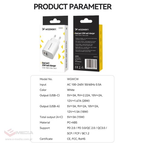 Ładowarka sieciowa Wozinsky WGWCW USB-A USB-C 20W - biała