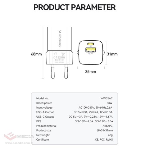 Ładowarka sieciowa Wozinsky WWCEAC GaN USB-A USB-C 33W - biała