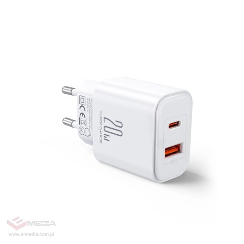 Szybka dwuportowa ładowarka sieciowa 20W USB-C / USB-A Joyroom JR-TCF05 - biała + kabel USB-C - Lightning 1m