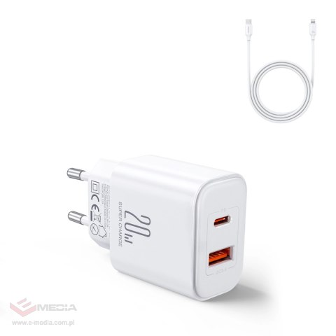 Szybka dwuportowa ładowarka sieciowa 20W USB-C / USB-A Joyroom JR-TCF05 - biała + kabel USB-C - Lightning 1m