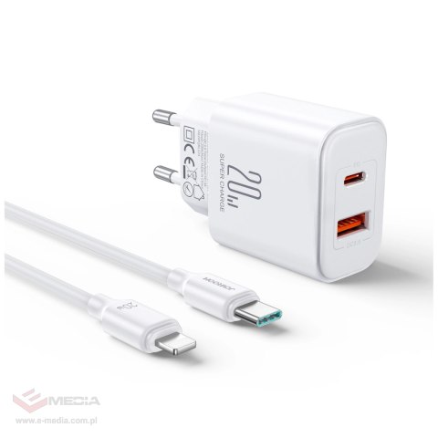 Szybka dwuportowa ładowarka sieciowa 20W USB-C / USB-A Joyroom JR-TCF05 - biała + kabel USB-C - Lightning 1m