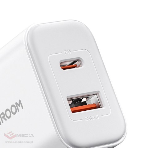 Szybka dwuportowa ładowarka sieciowa 20W USB-C / USB-A Joyroom JR-TCF05 - biała + kabel USB-C - Lightning 1m