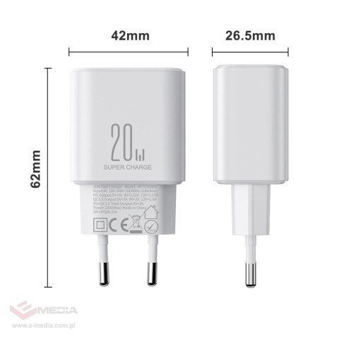 Szybka dwuportowa ładowarka sieciowa 20W USB-C / USB-A Joyroom JR-TCF05 - biała + kabel USB-C - Lightning 1m