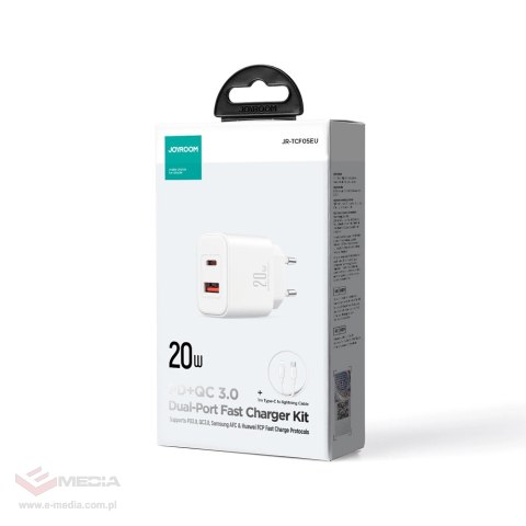 Szybka dwuportowa ładowarka sieciowa 20W USB-C / USB-A Joyroom JR-TCF05 - biała + kabel USB-C - Lightning 1m