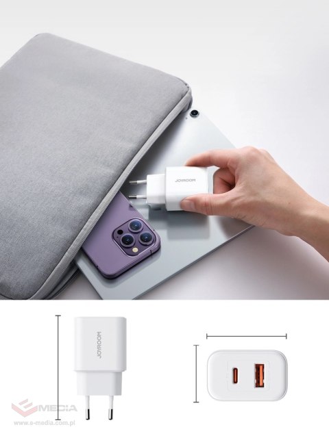 Szybka dwuportowa ładowarka sieciowa 20W USB-C / USB-A Joyroom JR-TCF05 - biała + kabel USB-C - Lightning 1m