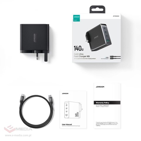 Szybka ładowarka sieciowa GaN 140W 3 x USB-C / USB-A Joyroom JR-TCG05EU - czarna + kabel USB-C - USB-C 240W 1.2m