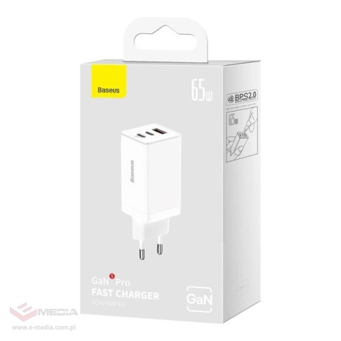 Szybka ładowarka sieciowa GaN 2xUSB C 1xUSB 65W Baseus GaN5 Pro + kabel USB C - USB C 100W - biała