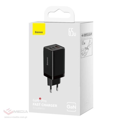 Szybka ładowarka sieciowa GaN 2xUSB C 1xUSB 65W Baseus GaN5 Pro + kabel USB C - USB C 100W - czarna