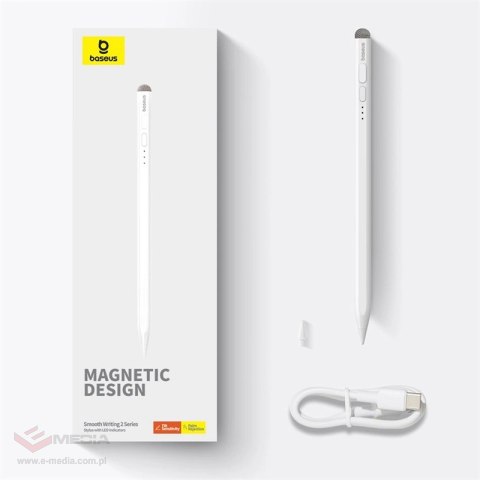 Aktywny rysik stylus Baseus Smooth Writing 2 ze wskaźnikiem LED + kabel USB-C / wymienna końcówka - biały