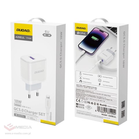 Ładowarka Dudao A20EU sieciowa USB-A 18W - biała + kabel USB-A - Lightning