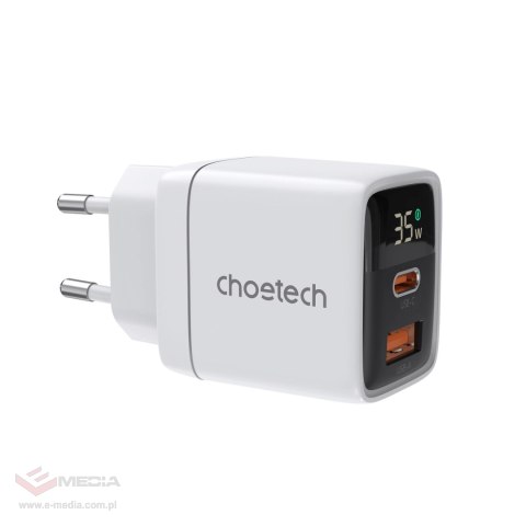 Ładowarka sieciowa Choetech PD6052 USB-C USB-A PD 35W GaN z wyświetlaczem - biała