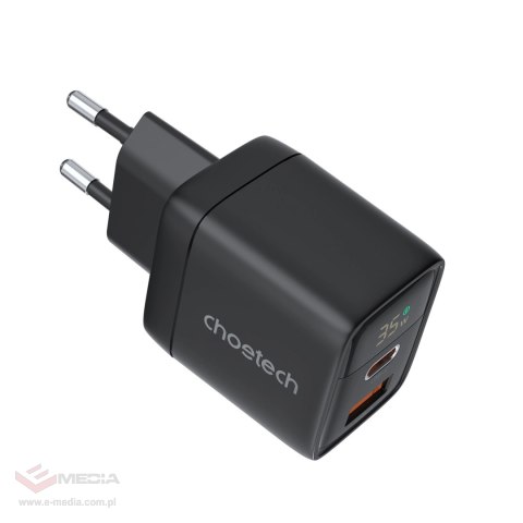 Ładowarka sieciowa Choetech PD6052 USB-C USB-A PD 35W GaN z wyświetlaczem - czarna