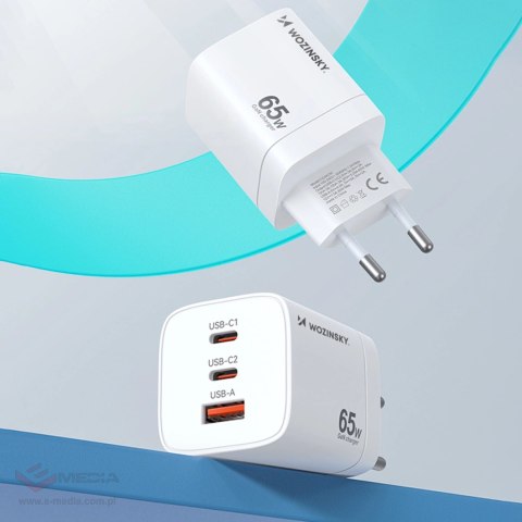 Ładowarka sieciowa GaN Wozinsky CGWCW 65W USB-A / 2 x USB-C - biała