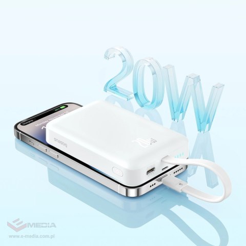 Powerbank Baseus Magnetic Mini MagSafe 10000mAh 20W z wbudowanym kablem Lightning - biały + kabel Baseus Simple Series USB-C - U