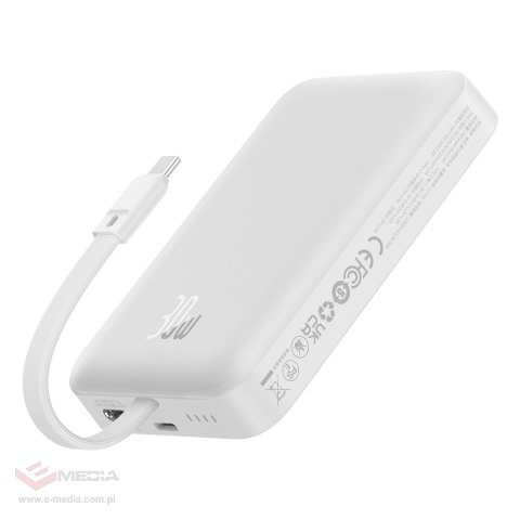 Powerbank Baseus Magnetic Mini MagSafe 10000mAh 30W z wbudowanym kablem USB-C - biały + kabel Baseus Simple Series USB-C - USB-C