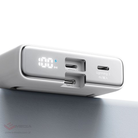 Powerbank Joyroom JR-PBM01 magnetyczny 10000mAh 20W z podstawką + kabel Lightning - USB-C - biały