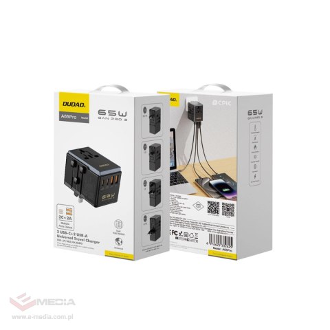 Adapter podróżny Dudao A65Pro 65W EU / US / JP / AUS / UK 2x USB-C 2x USB-A - czarny