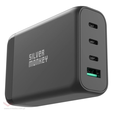 Ładowarka GaN Silver Monkey SMA151 130W 3xUSB-C PD USB-A QC 3.0 z odłączanym kablem zasilającym - czarna