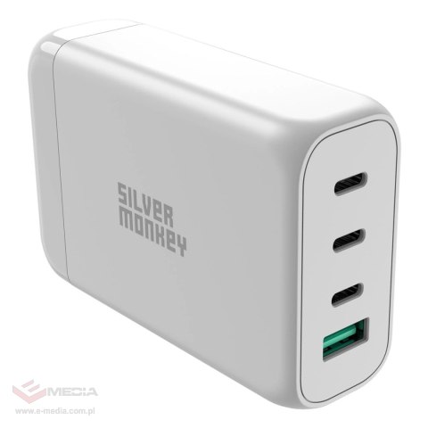 Ładowarka GaN Silver Monkey SMA152 130W 3xUSB-C PD USB-A QC 3.0 z odłączanym kablem zasilającym - biała