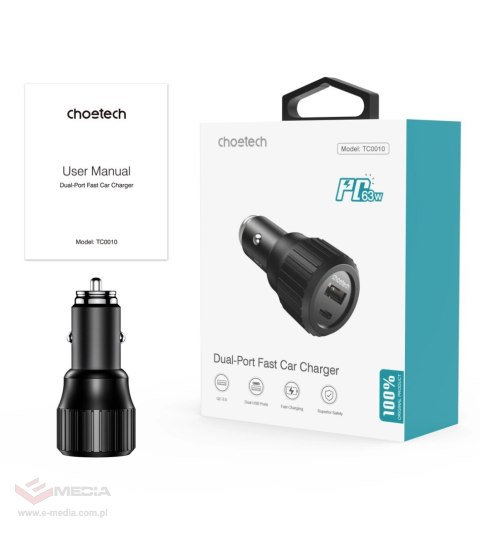 Ładowarka samochodowa Choetech TC0010 USB-C USB-A PD 63W - czarna