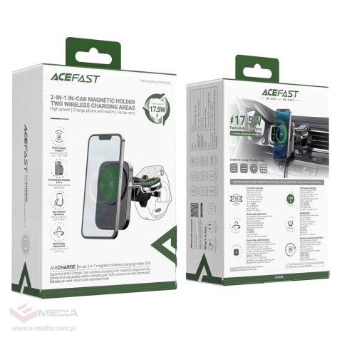 Uchwyt samochodowy Acefast D18 z ładowarką indukcyjną MagSafe / Qi + kabel USB-A USB-C - czarny