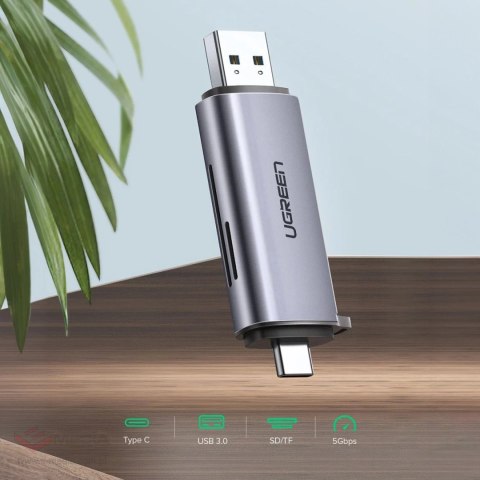 Czytnik Ugreen CM185 50706 do kart SD / micro SD na USB-A 3.0 / USB-C 3.0 - szary