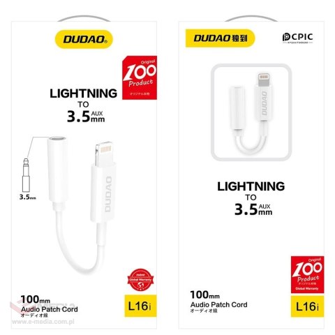 Dudao adapter audio przejściówka do słuchawek z Lightning na mini jack 3,5 mm biały (L16i white)