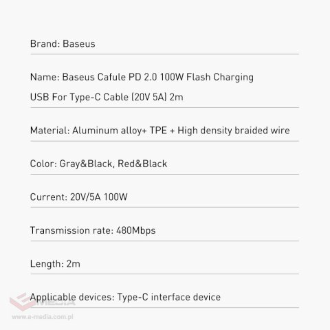 Kabel Baseus CATKLF-AL91 USB-C - USB-C PD QC 100W 5A 480Mb/s 2m - czarno-czerwony